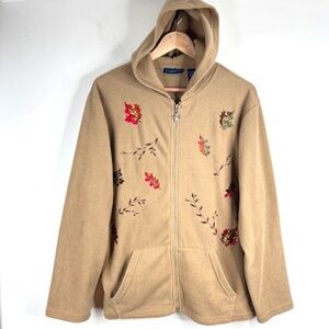 Embroidered Leaves Fall Cardigan M Fleece Jacket Zip Hoodie Tan Halloween Witchy